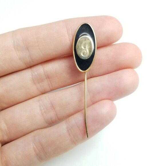 Vintage J Monogram Stick Pin, Gold Tone Black Background, Engraved Initial - Picture 1 of 5